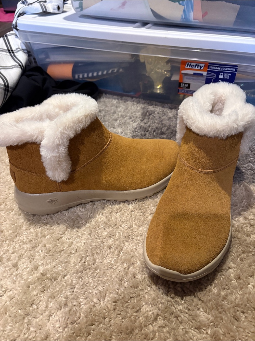 Skechers Tan Suede-Look Faux Fur Cuff Ankle Boots